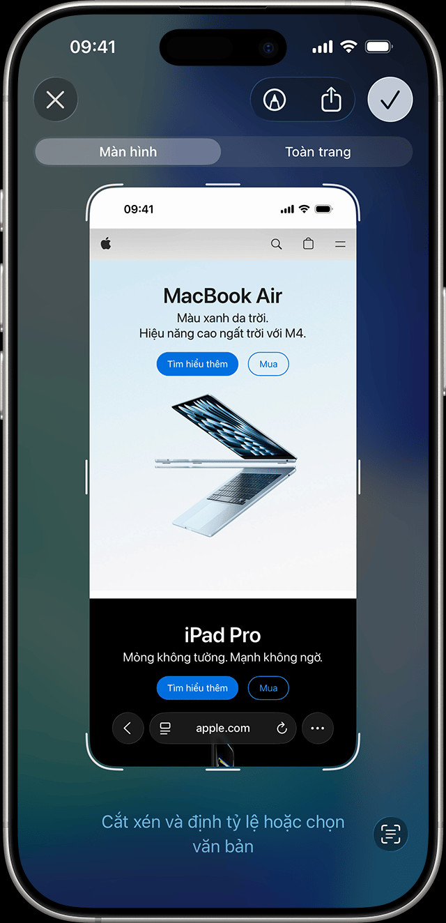 Hình ảnh minh họa giao diện chỉnh sửa nhanh ảnh chụp màn hình trên iPhone với các tùy chọn công cụ và chia sẻ