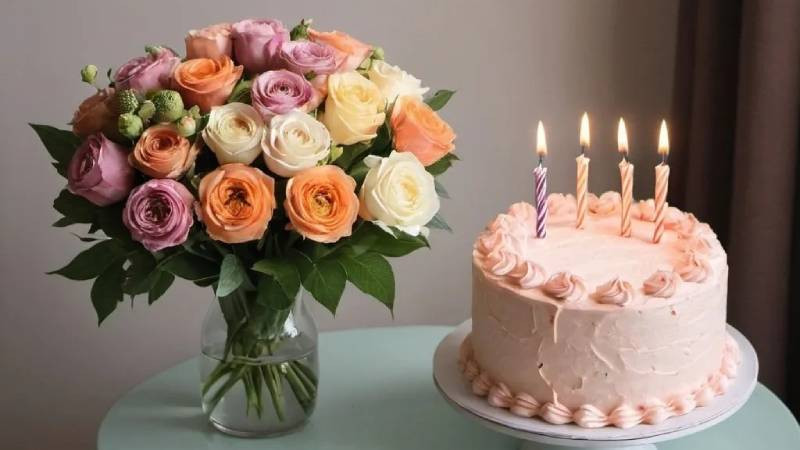 Bánh sinh nhật trái cây và hoa tươi rực rỡ