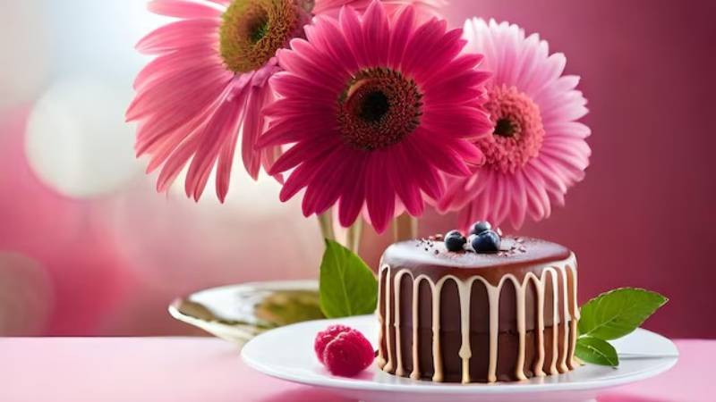 Ảnh hoa và bánh sinh nhật AI với hiệu ứng ánh sáng