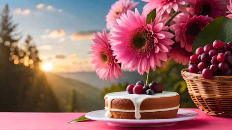 Ảnh hoa và bánh sinh nhật AI với gam màu fantasy
