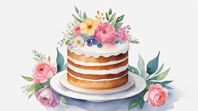 Ảnh hoa và bánh sinh nhật vẽ tay, chi tiết tinh xảo