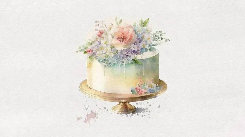 Ảnh hoa và bánh sinh nhật vẽ tay với màu nước