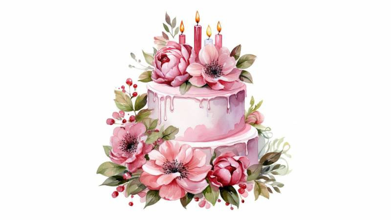 Ảnh hoa và bánh sinh nhật vẽ tay trên nền giấy