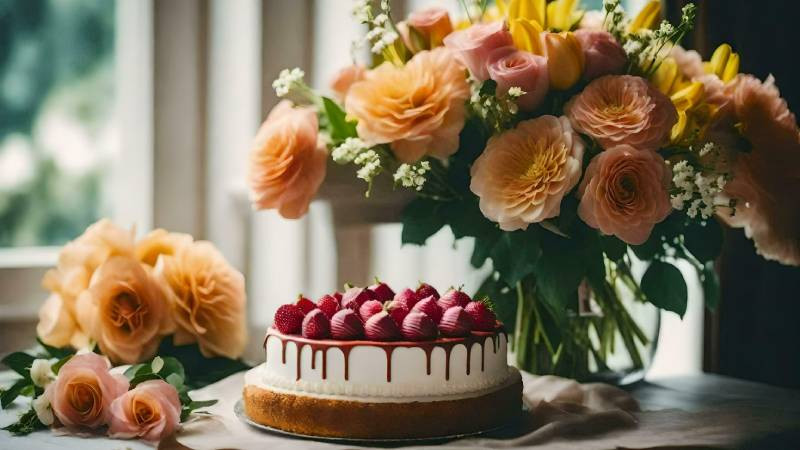 Ảnh hoa và bánh sinh nhật tông màu pastel nhẹ nhàng