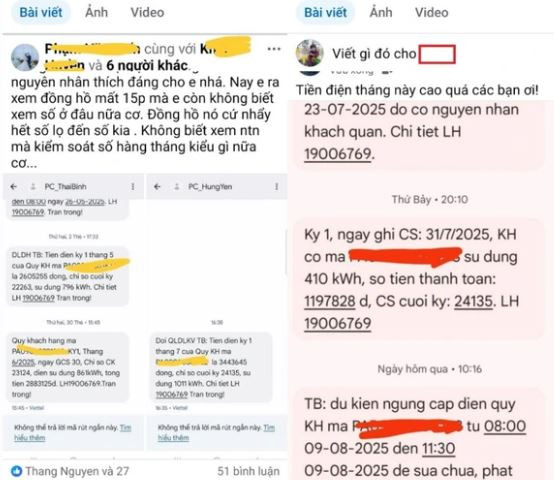 Ảnh một số bài viết đăng tải hình ảnh thông báo tiền điện trên facebook